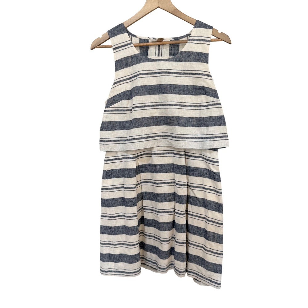 LOFT Dress 8P Navy White Striped Linen Cotton Popover Split Back Sleeveless